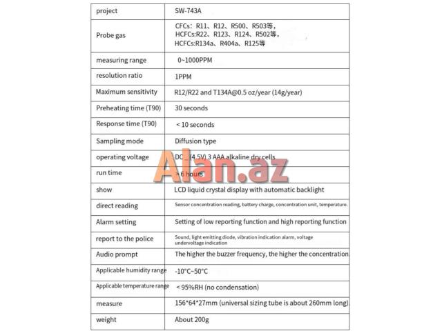 Frion qaz detektoru SNDWAY SW-743A