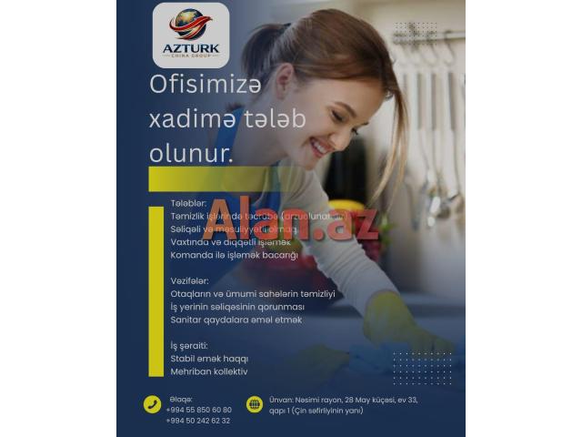 Müəssisəmizə təmizkar, işində məsuliyyətli xadimə axtarılır