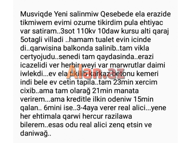 Musviqabad yeni qesebe..Tecili satilir